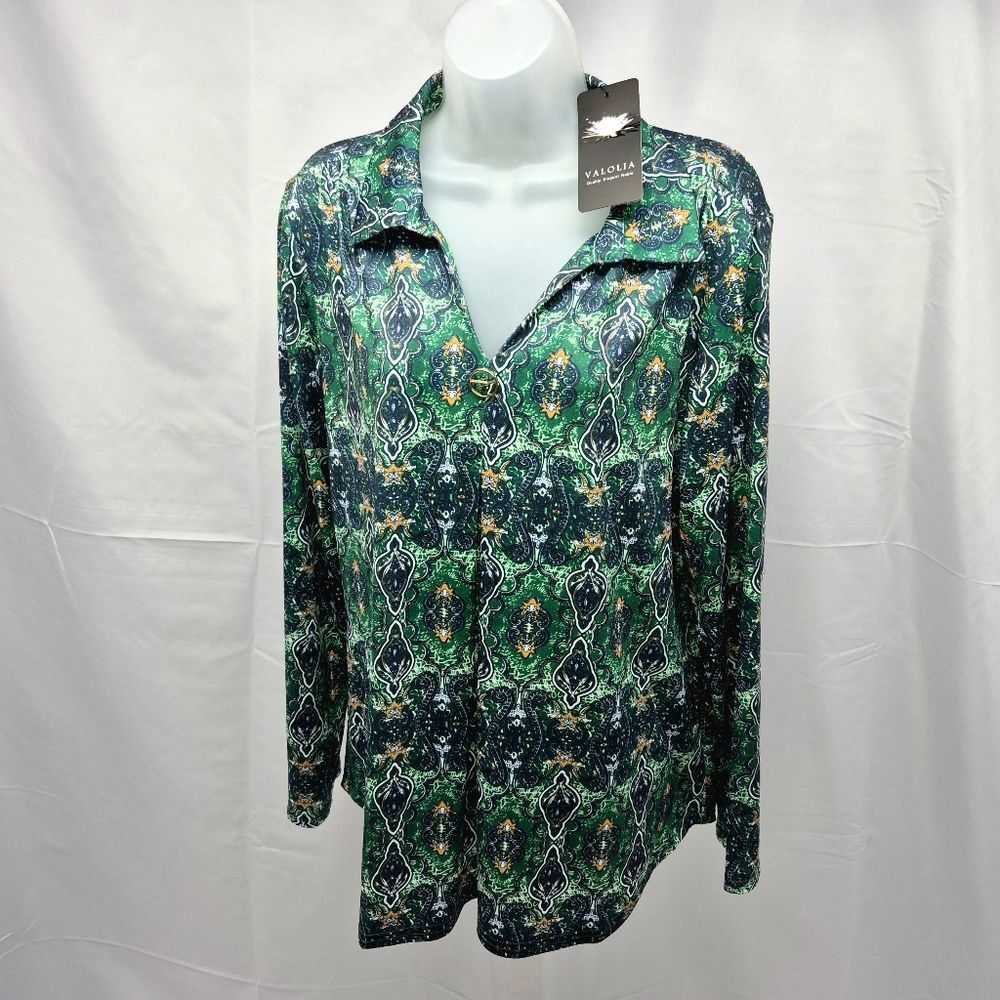 Valolia Green Blue Orange Paisley Print V-Neck Tunic Blouse Shirt XL - Picture 6 of 15